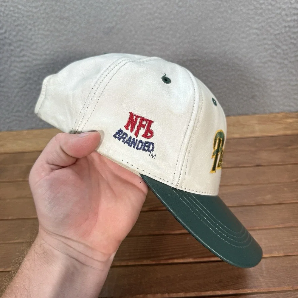 Vintage Green Bay Packers Hat Adult‎ White Green Leather Snapback Cap NFL 90s